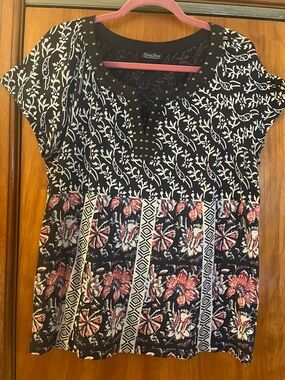 Lucky Brand Floral Mixed-Print Short Sleeve Top.